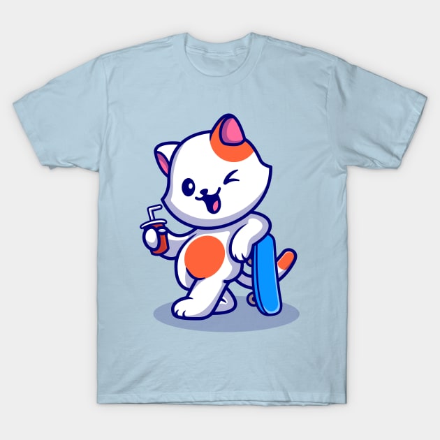 Cute Cat With Skateboard And Soda Cartoon T-Shirt by Catalyst Labs